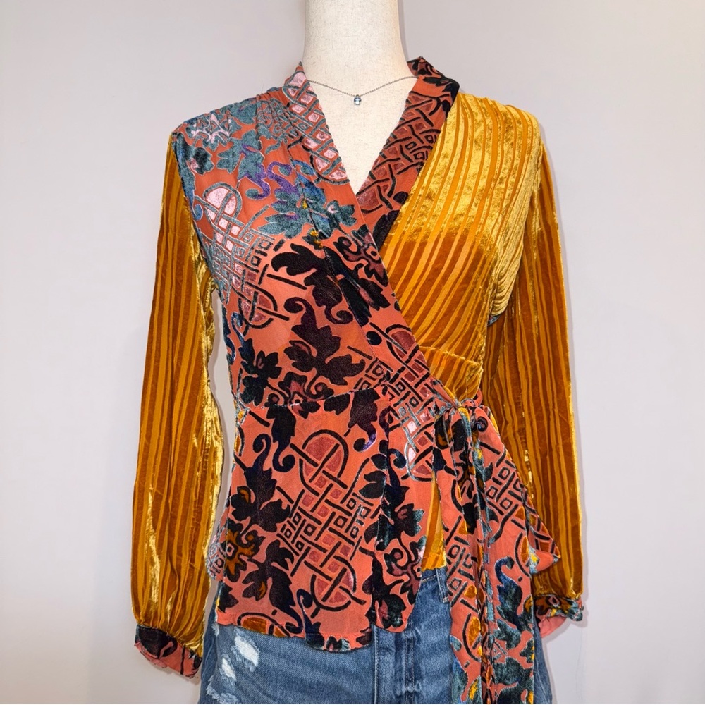 Anthropologie by Moulinette Soeurs size XS Velvet Patchwork Multicolor Wrap Top
